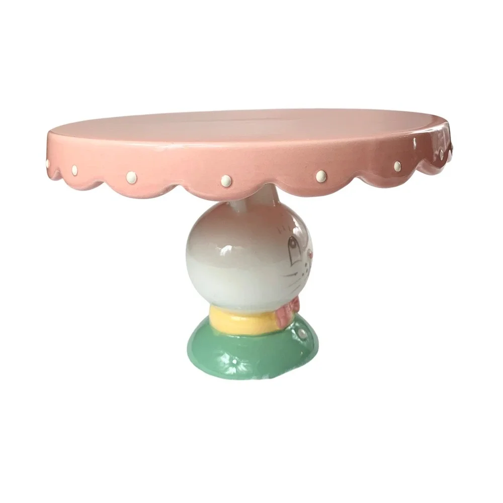 Johanna Parker Transpac Easter Bunny Cupcake Stand Pink Scalloped Ceramic 8 Inch